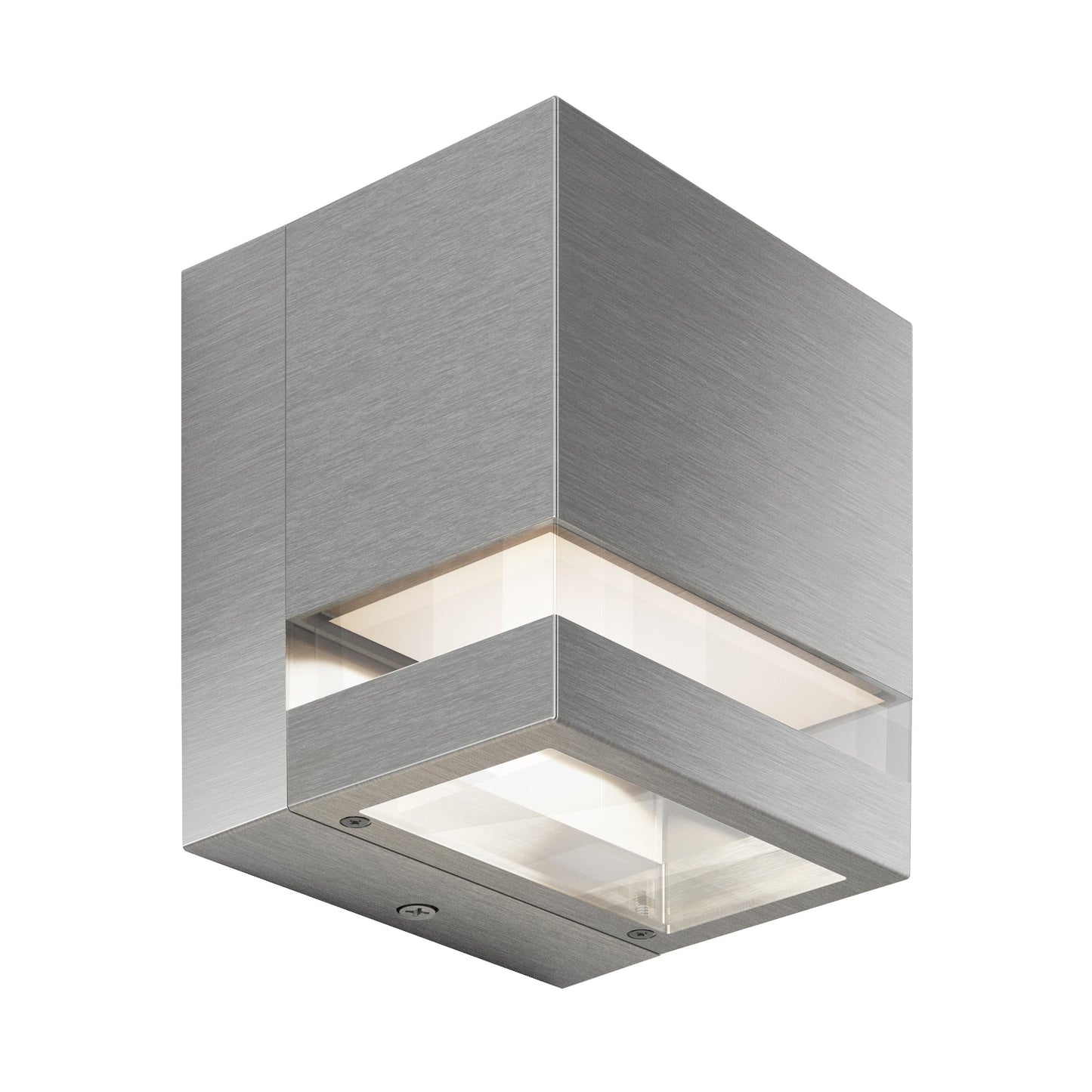 The Artika-CAN-dev Valor Square LED indoor/outdoor wall light features a modern square design with a brushed metal finish and clear glass panels on two sides, casting illumination from within.