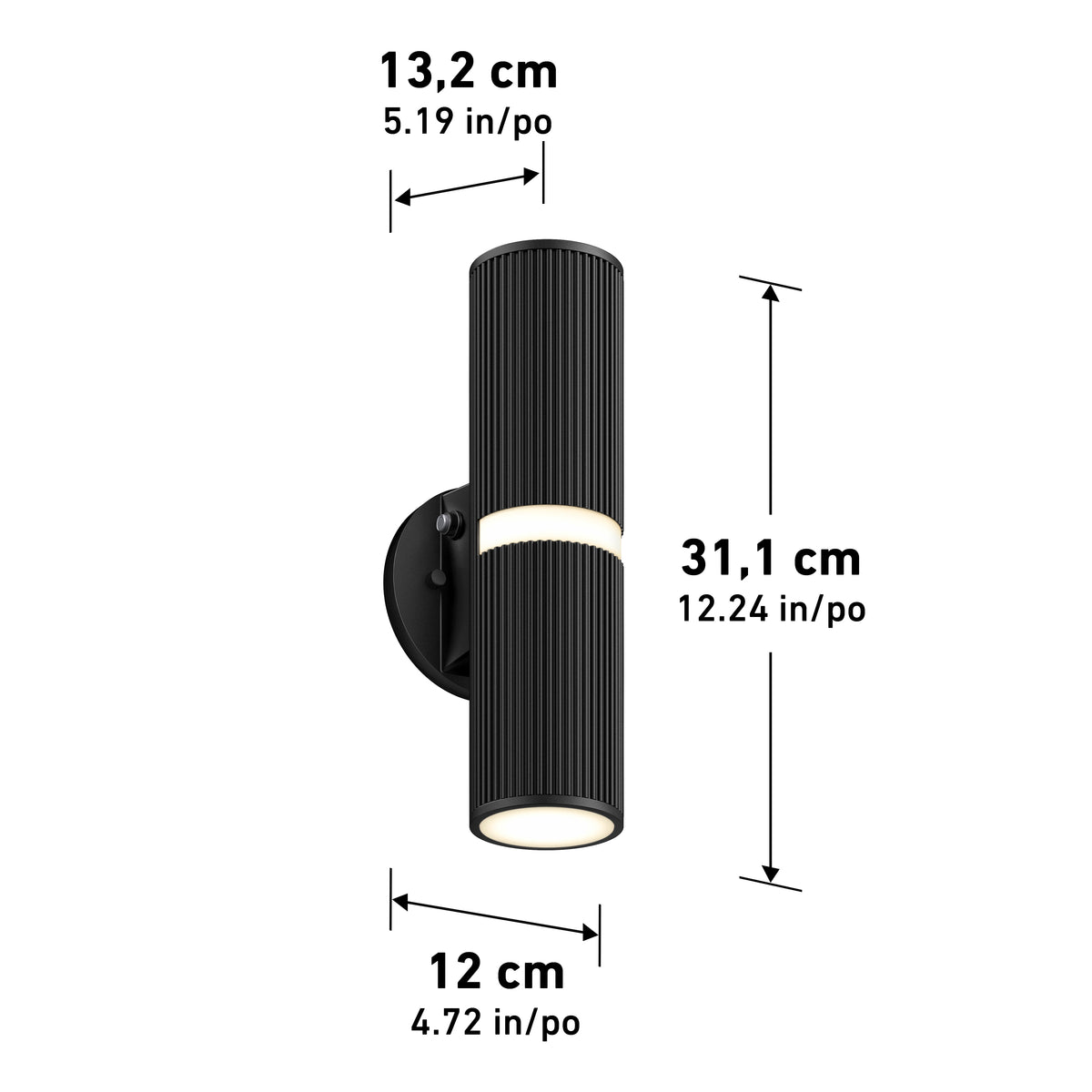 The Artika Groove LED indoor-outdoor wall light features a black cylindrical ribbed design on a round base. Dimensions: height 31.1 cm (12.24 in), cylinder length 13.2 cm (5.19 in), base diameter 12 cm (4.72 in).