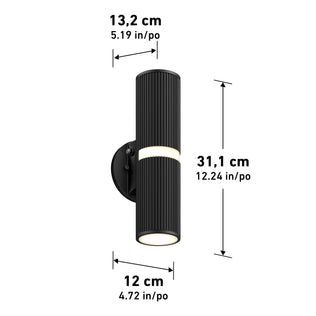 The Artika Groove LED indoor-outdoor wall light features a black cylindrical ribbed design on a round base. Dimensions: height 31.1 cm (12.24 in), cylinder length 13.2 cm (5.19 in), base diameter 12 cm (4.72 in).