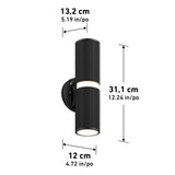 Black cylindrical wall sconce light with vertical ridges, shown with dimensions: 31.1 cm (12.24 in) tall, 13.2 cm (5.19 in) deep, and 12 cm (4.72 in) wide.