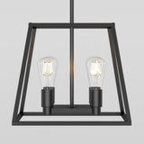 A modern black metal pendant light fixture with a geometric rectangular frame and two exposed vintage-style LED bulbs inside, hanging from a black rod against a plain white background.