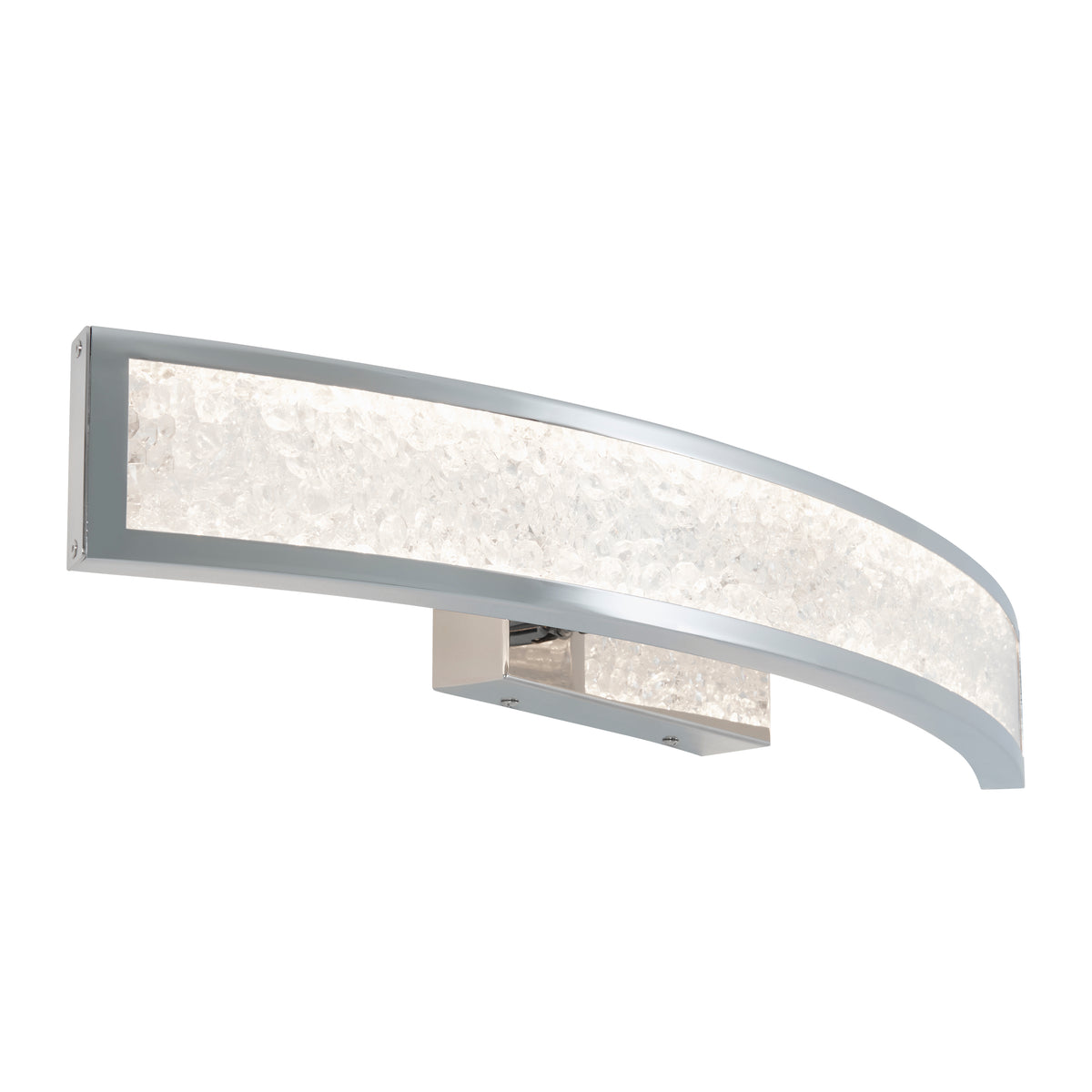 A modern, curved LED wall sconce with a brushed metal frame and a frosted, textured light panel, mounted on a rectangular base.