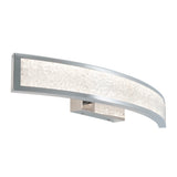 A modern, curved LED wall sconce with a brushed metal frame and a frosted, textured light panel, mounted on a rectangular base.
