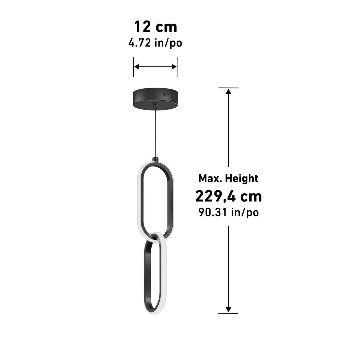 Modern pendant light with two interlocking oval rings hanging from a round black ceiling mount. Dimensions: ceiling mount is 12 cm (4.72 in) wide; maximum hanging height is 229.4 cm (90.31 in).
