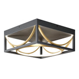 Modern square ceiling light fixture with a black metal frame, featuring curved gold and white LED light elements forming decorative arcs and a circular pattern on the bottom.
