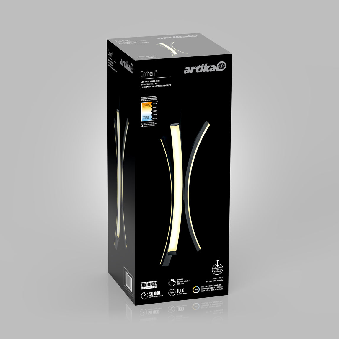 A black box packaging for the Artika Corben Pendant LED light 5CCT Black, showing a photo of the modern fixture lit on the front, along with energy details and product information.