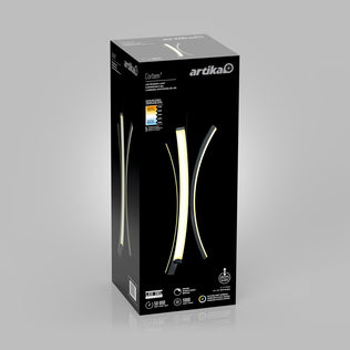 A black box packaging for the Artika Corben Pendant LED light 5CCT Black, showing a photo of the modern fixture lit on the front, along with energy details and product information.