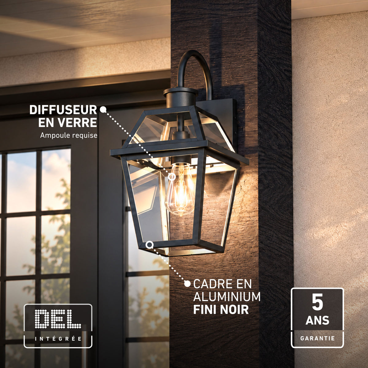 Artika Colonial outdoor lantern wall light with glass diffuser—ideal for traditional exteriors; includes warranty and French feature labels.