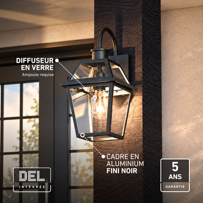 Artika Colonial outdoor lantern wall light with glass diffuser—ideal for traditional exteriors; includes warranty and French feature labels.