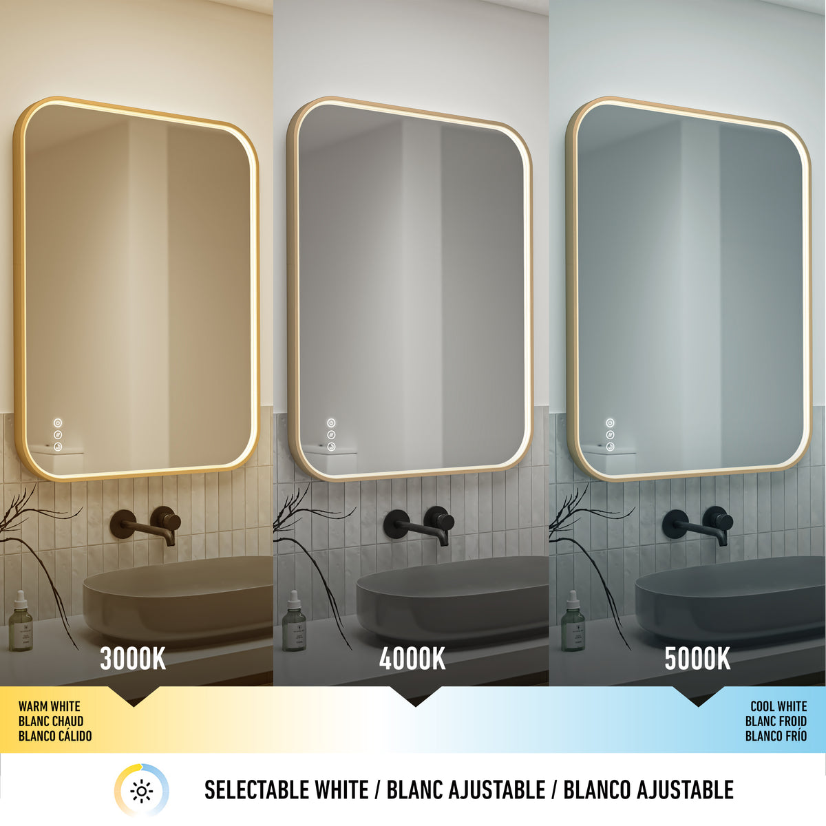 Three Artika Royce Dimmable LED Mirrors with adjustable brightness and 3 color temps (3000K, 4000K, 5000K) are mounted above a modern sink, creating the perfect bathroom ambiance. Mountable horizontally or vertically.