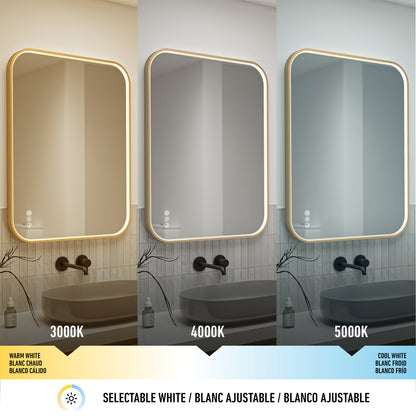 Three Artika Royce Dimmable LED Mirrors with adjustable brightness and 3 color temps (3000K, 4000K, 5000K) are mounted above a modern sink, creating the perfect bathroom ambiance. Mountable horizontally or vertically.