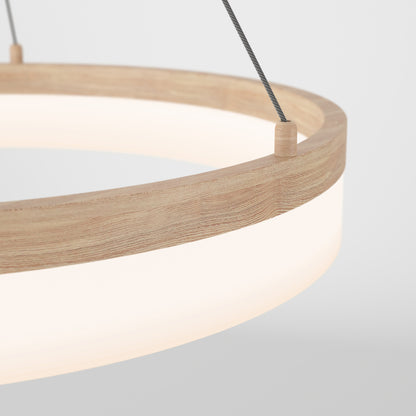 Close-up of the Artika Optical LED pendant light 3 CCT, featuring a sleek wooden frame and frosted diffuser, suspended by a slim metal cable—ideal minimalist lighting for modern spaces.