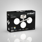 A black product box for an Artika Bloom 3-light LED ceiling light, featuring a photo of the modern fixture with three white glass globes and metallic arms, along with product details and icons.