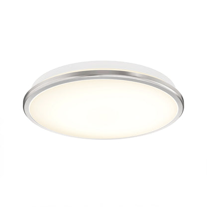 The Artika Vera 13 in. LED modern flush mount light features a round design with a frosted white diffuser and slim chrome trim, perfect for mounting on white ceilings.