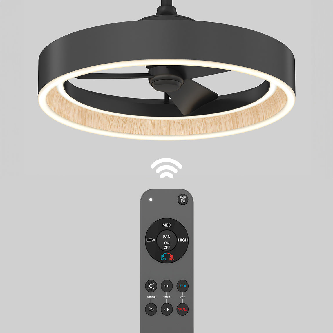A modern ceiling fan with a circular LED light and wood accent, shown above a wireless remote control with various buttons for fan speed, light, and timer settings.