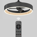 A modern ceiling fan with a circular LED light and wood accent, shown above a wireless remote control with various buttons for fan speed, light, and timer settings.