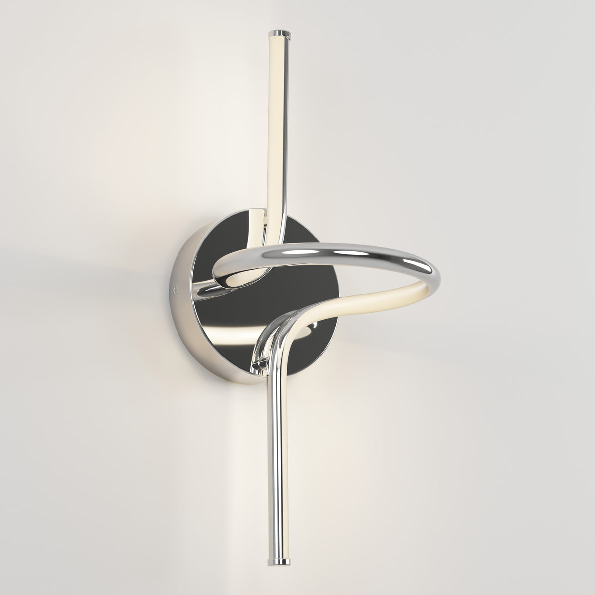 The Artika Swirl LED Sconce features a circular base and two intertwined curved metal rods with integrated LED lights, shown mounted on a white wall.