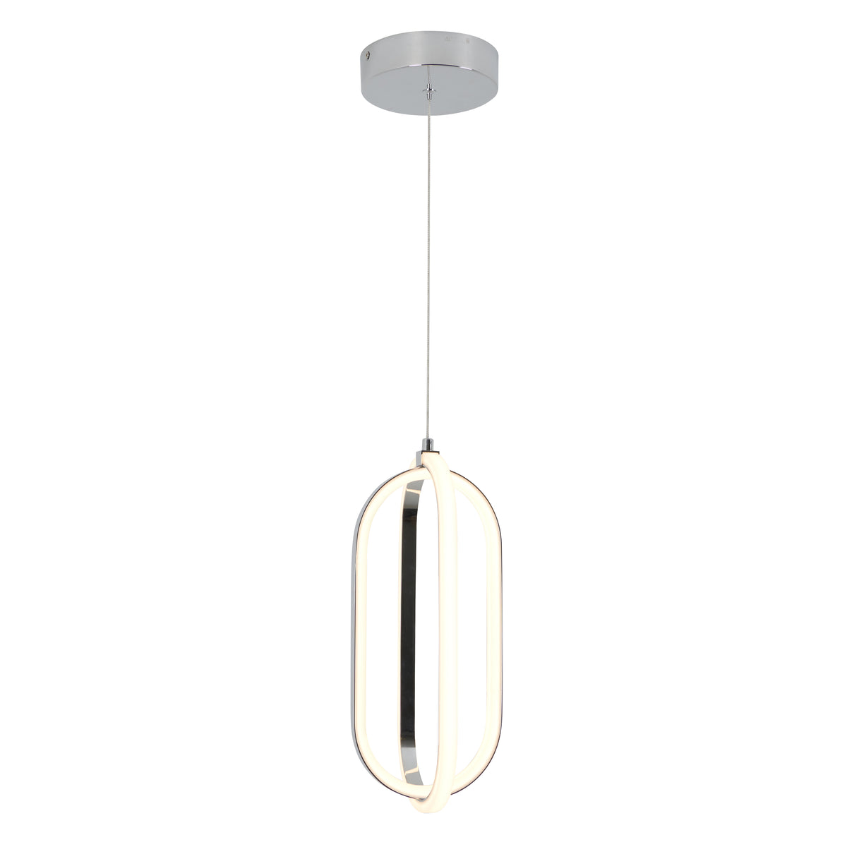 Modern pendant light with a chrome ceiling mount and an oval-shaped LED fixture suspended by a single wire, featuring a sleek, minimalist design.