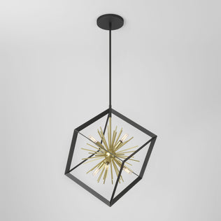 The Artika Nebula 6-light pendant features a black geometric cube frame with a gold starburst inside, each gold rod ending in an exposed bulb, all suspended from a sleek black rod for a modern look.