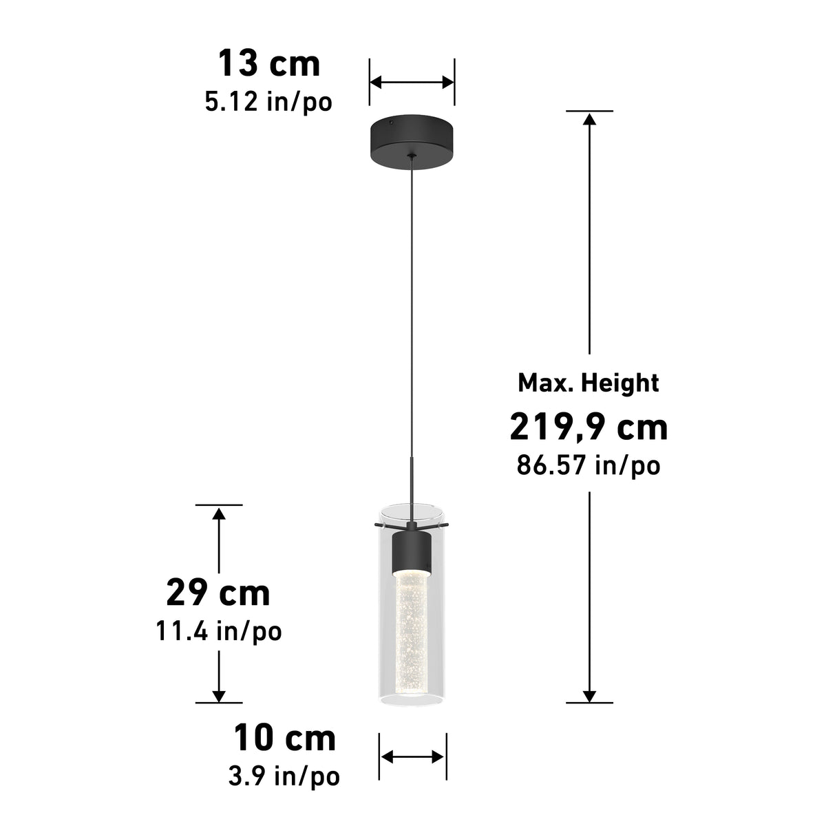 Pendant light fixture with a cylindrical shade; diameter 10 cm (3.9 in), shade height 29 cm (11.4 in), ceiling mount diameter 13 cm (5.12 in), and maximum hanging height 219.9 cm (86.57 in).