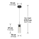 Pendant light fixture with a cylindrical shade; diameter 10 cm (3.9 in), shade height 29 cm (11.4 in), ceiling mount diameter 13 cm (5.12 in), and maximum hanging height 219.9 cm (86.57 in).
