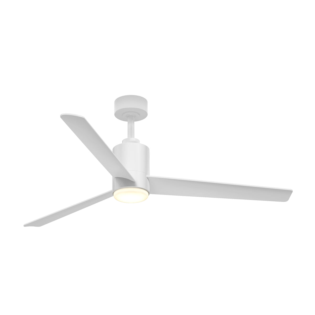 A modern white ceiling fan with three blades and a built-in circular light in the center, viewed against a plain white background.