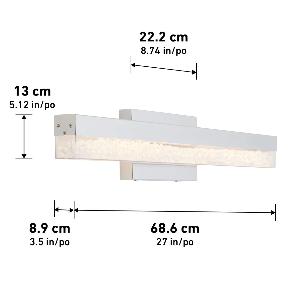Artika Riviera modern LED bathroom vanity light with labeled dimensions in cm and inches for luxury bathroom lighting.