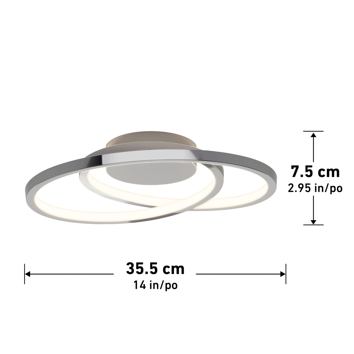 Modern circular ceiling light fixture with two overlapping LED rings, shown in silver. Dimensions are 35.5 cm (14 in) wide and 7.5 cm (2.95 in) tall, with measurements indicated by arrows.