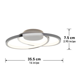 Artika Salto LED flush mount light features two intersecting circular LED rings, a central mount, and measures 35.5 cm (14 in) wide by 7.5 cm (2.95 in) high.