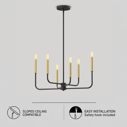 Artika Manchester 6-light pendant in black and gold, compatible with sloped ceilings and easy to install.