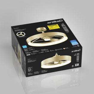 A black box for the Artika Austin 23 in. LED modern ceiling fan with remote displays an image of the gold fan. Features and specifications, including its quiet motor and LED lighting, are printed on the packaging.
