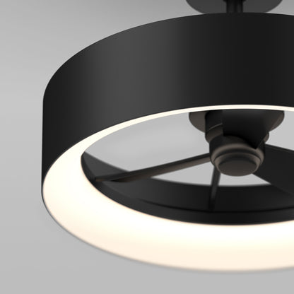 Close-up of the Artika Aiden 24 in. LED modern ceiling fan, featuring a circular LED light ring, matte black finish, three speeds, and remote control, shown against a light gray background.