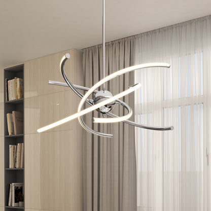The Artika Silvio LED pendant light 3 CCT, featuring curved illuminated LED bars and metallic arms, hangs from the ceiling in a bright room with beige curtains and a tall bookshelf.