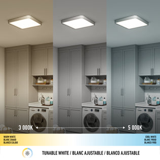 A laundry room is lit by the Artika Europa 18 in. LED flush mount light with remote, shown at three color temperatures—warm white (3000K), neutral, and cool white (5000K)—with cabinets and appliances looking different under each setting.
