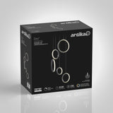 A black box of Artika’s Elmo LED pendant light, featuring an image of the modern light fixture with four circular LED rings hanging at different heights, product details, and specifications on the packaging.