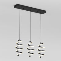 The Artika Chorus 3-light LED pendant features three spiral-shaped lights suspended by black cords from a rectangular black base, offering 5 CCT options and modern style for your ceiling.