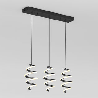 The Artika Chorus 3-light LED pendant features three spiral-shaped lights suspended by black cords from a rectangular black base, offering 5 CCT options and modern style for your ceiling.