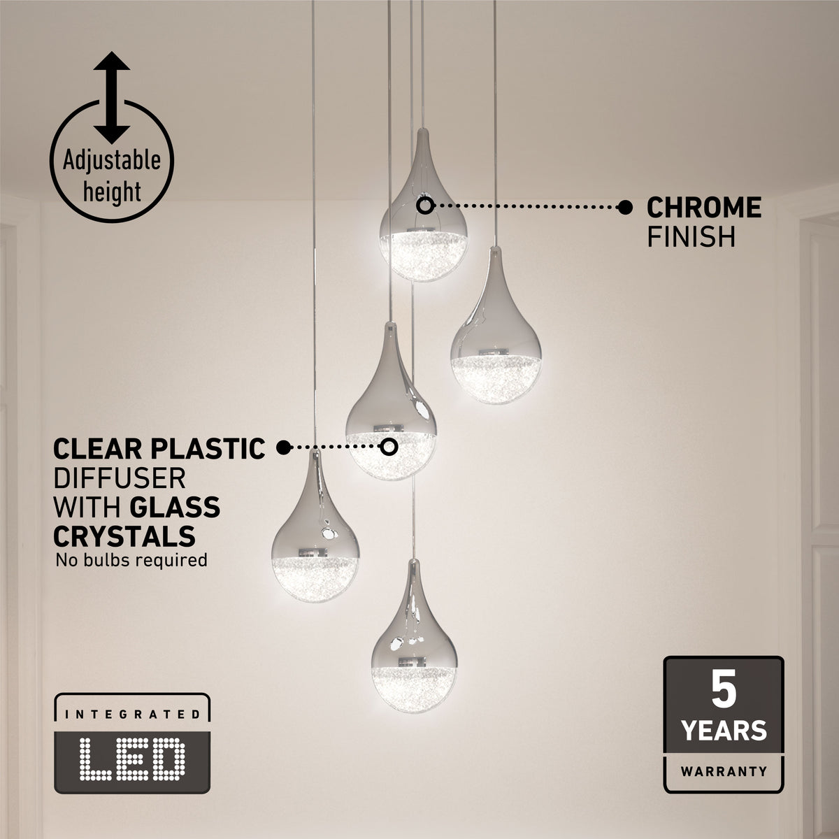 A modern pendant light fixture with five glass teardrop-shaped lamps, chrome finish, hanging at various heights. Features include adjustable height, clear plastic diffuser with glass crystals, integrated LED, and a 5-year warranty.