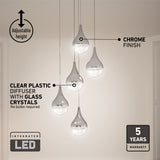 A modern pendant light fixture with five glass teardrop-shaped lamps, chrome finish, hanging at various heights. Features include adjustable height, clear plastic diffuser with glass crystals, integrated LED, and a 5-year warranty.