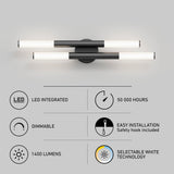 Modern double horizontal LED wall light fixture with black accents, featuring icons and text describing features: LED integrated, 50,000 hours, dimmable, easy installation, 1400 lumens, selectable white technology.