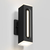 The Artika Linea Square LED indoor-outdoor wall light features a modern black rectangular design with a central vertical LED and illuminated edges, shown mounted on a light-colored wall.