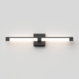 A modern, wall-mounted LED light fixture with a minimalist black rectangular base and two horizontal light bars extending outwards, emitting a bright white glow against a plain, light gray wall.