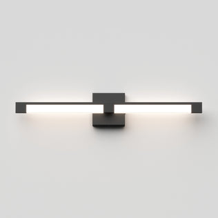 The Artika Tivoli modern LED bathroom vanity light 5 CCT features a sleek black base and two horizontal bars with adjustable lighting and LED dimmer, casting a soft white glow on a plain white wall.