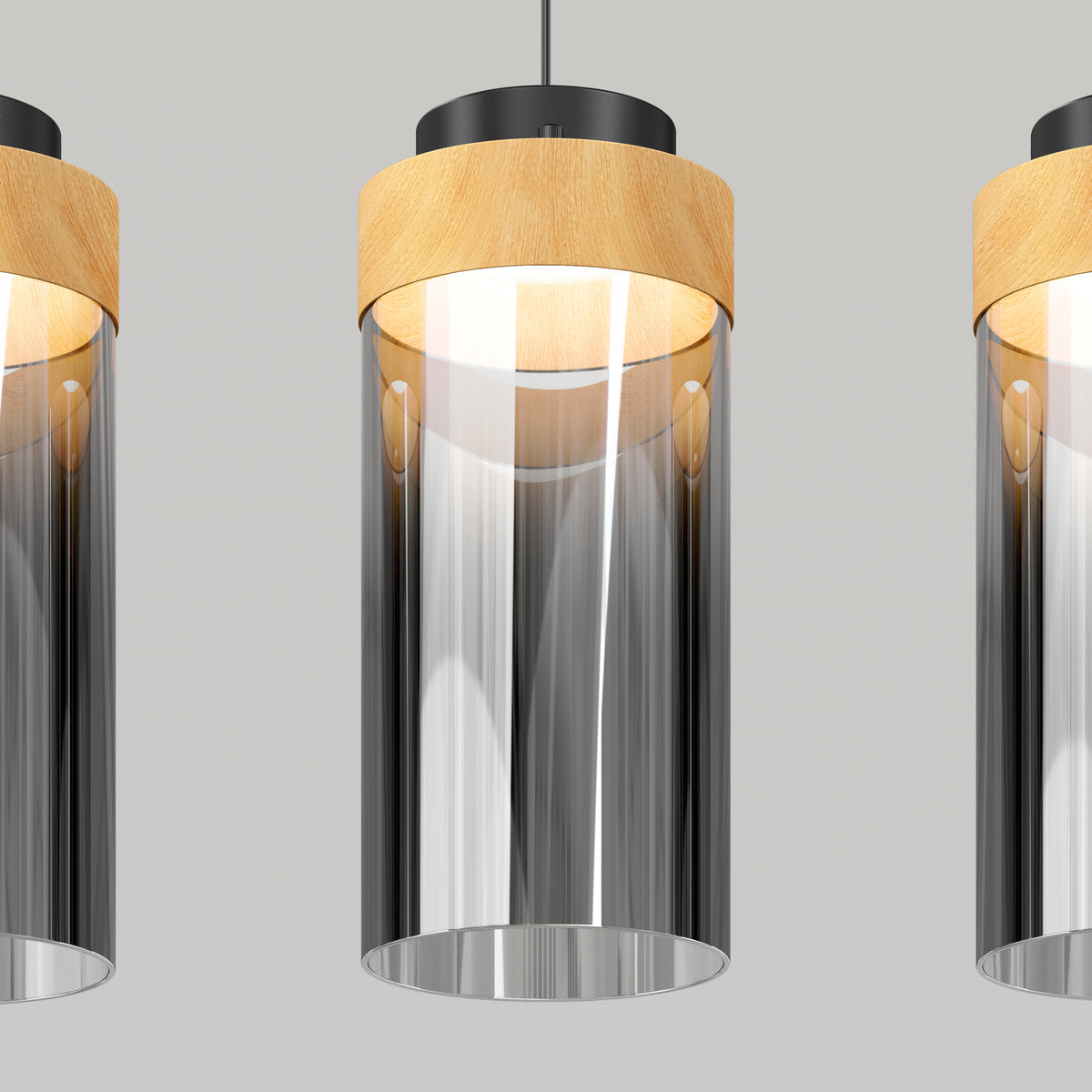 The Artika Hanson 4-light LED pendant features cylindrical glass shades, wooden accents, and black ceiling mounts. Evenly spaced, the modern lights hang against a light gray background, with some fixtures partially cropped at the edges.