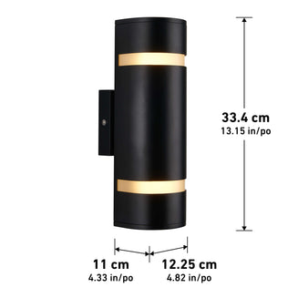 The Artika D4 indoor-outdoor wall light is a black cylindrical sconce with two horizontal light bands, measuring 33.4 cm (13.15 in) tall, 11 cm (4.33 in) deep, and 12.25 cm (4.82 in) wide.