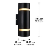 A modern black cylindrical wall sconce with two horizontal light bands, shown with dimensions: 33.4 cm tall, 12.25 cm wide, and 11 cm deep.