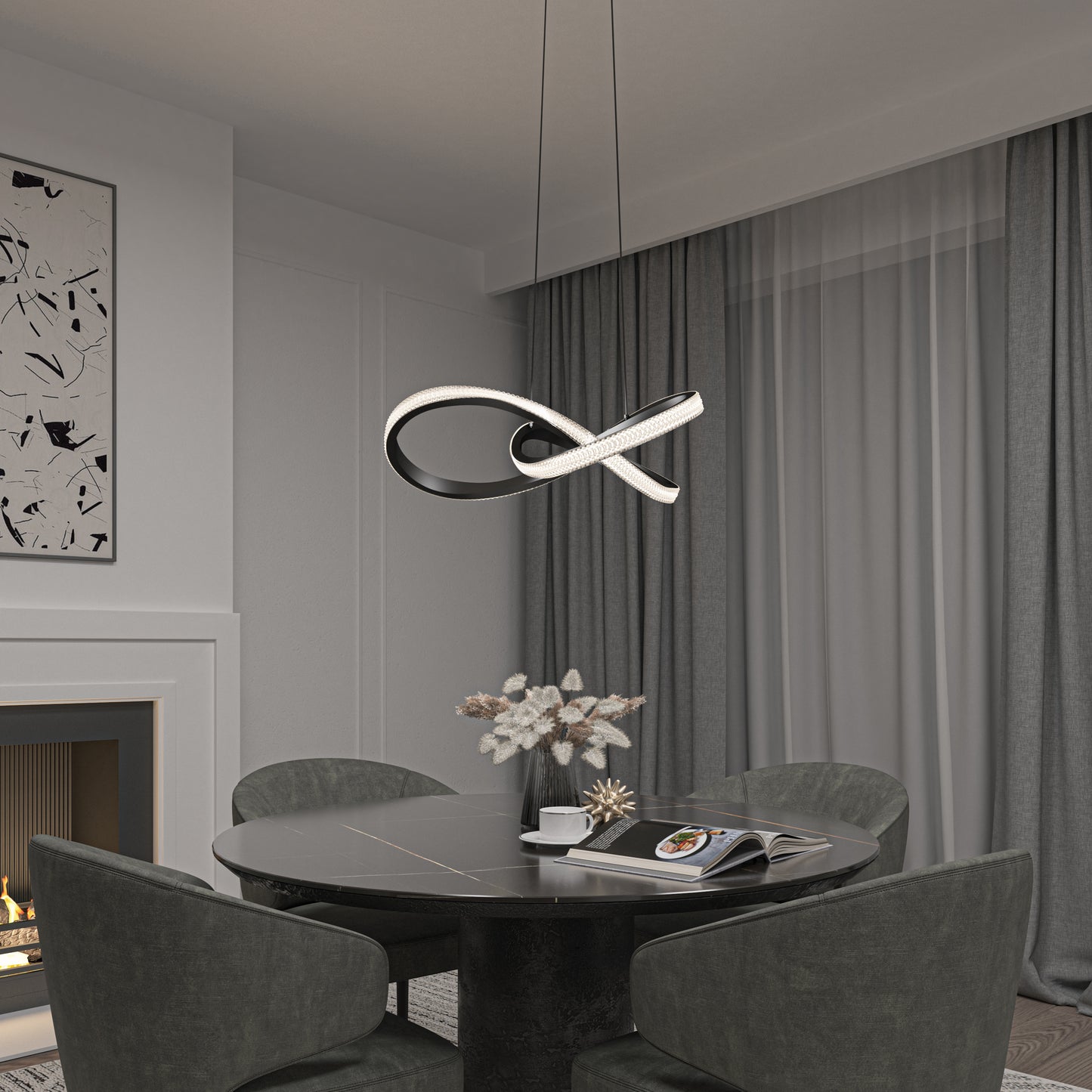 A modern dining area features a round black table, four dark green chairs, a stylish centerpiece, and the Artika Morgan LED contemporary pendant light. Gray curtains cover large windows, with abstract art above a white fireplace.
