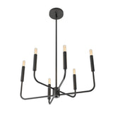 A modern black metal chandelier with six exposed light bulbs, arranged on angled arms extending from a central rod and base, hanging from the ceiling.