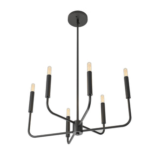 The Artika Manchester 6-light pendant is a modern black chandelier with six exposed bulbs on angled arms, extending from a central rod and ceiling mount, shown against a white background.