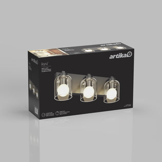 Artika Aryna 20 in. 3-Light LED Wall Vanity 3000K, black box, “Aryna” on packaging.